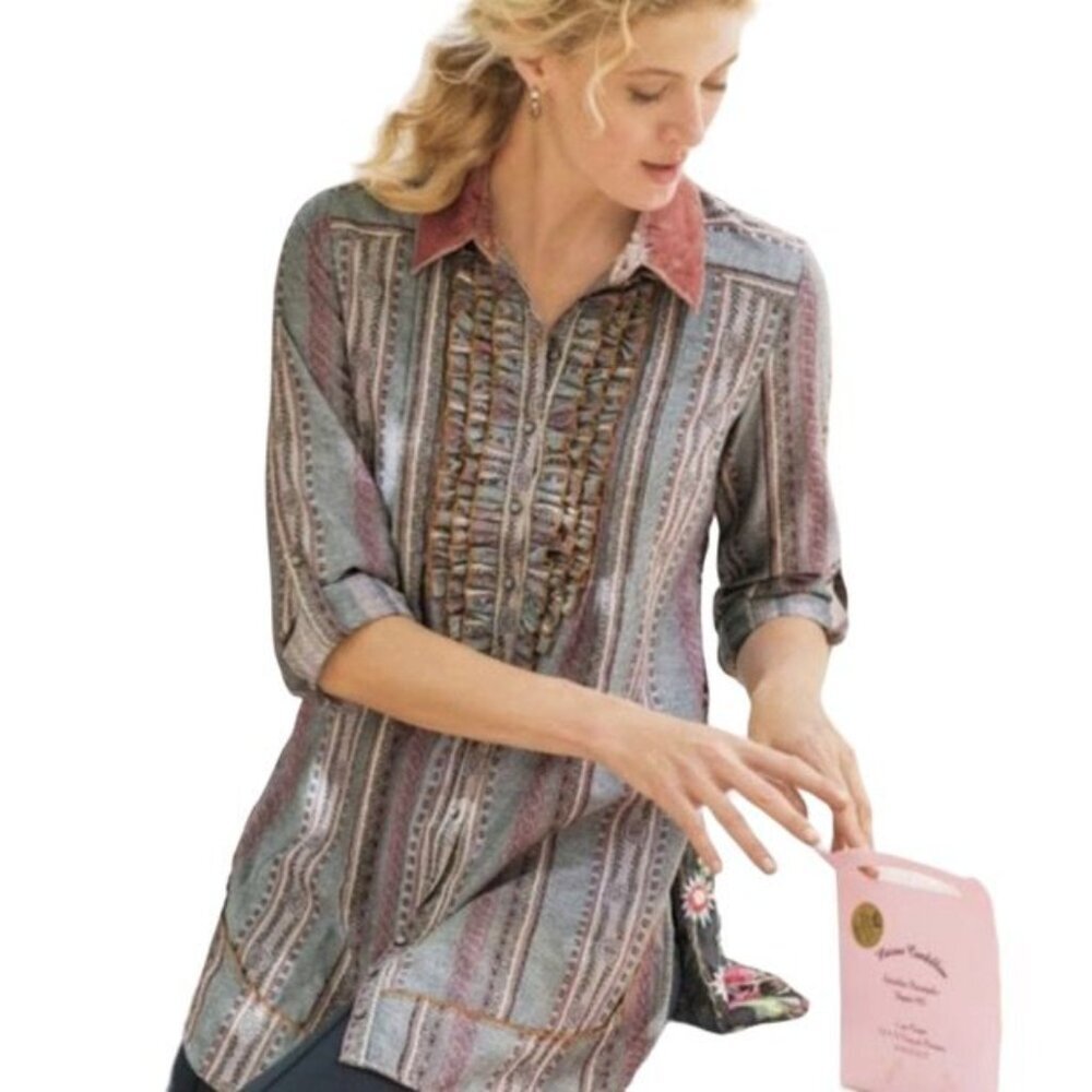 Soft Surroundings Womens Elena Embroidered Tunic Top Mesh Floral Size M